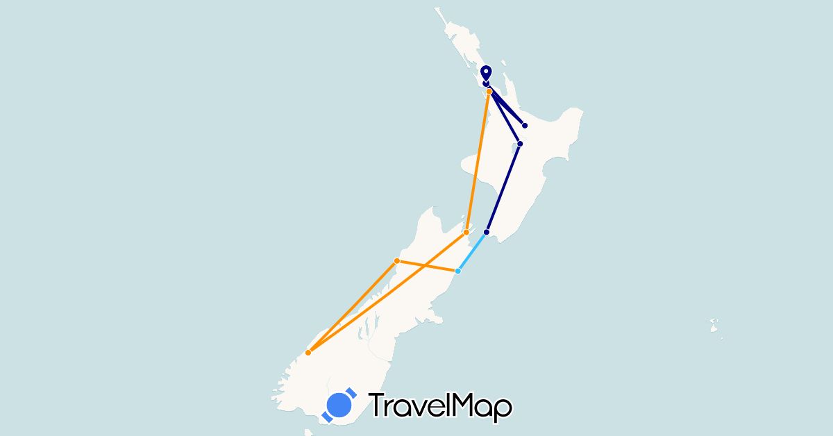 TravelMap itinerary: driving, boat, hitchhiking in New Zealand (Oceania)